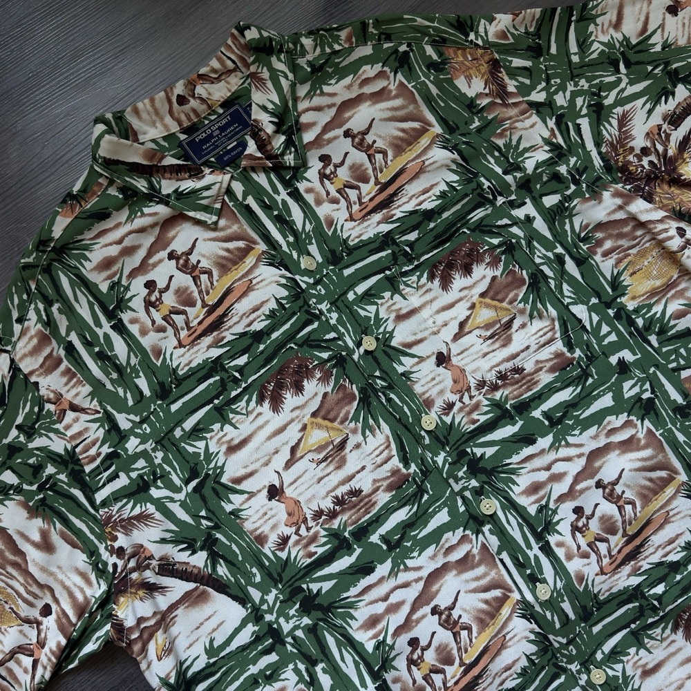 Rare Polo Sport Ralph Lauren Surfing Shirt Mens XL Camp Collar Rayon Hawaiian